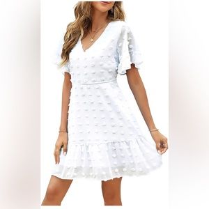 Swiss Dot Dress V-Neck Ruffle Short Sleeve Summer Casual Flowy Shift Mini Dress